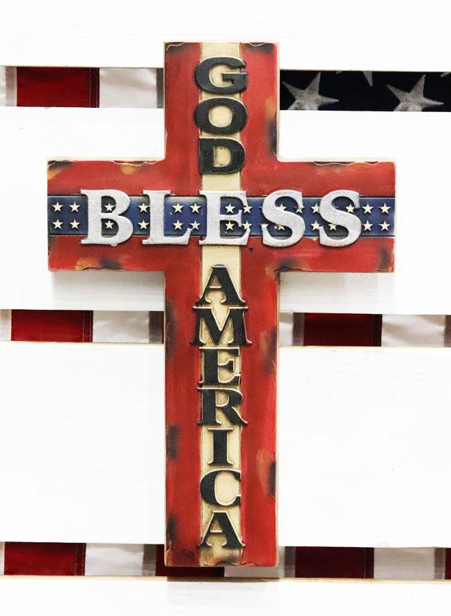 ebros gift Rustic Western American Flag Colors God Bless America Patriotic Wall Cross 14"H