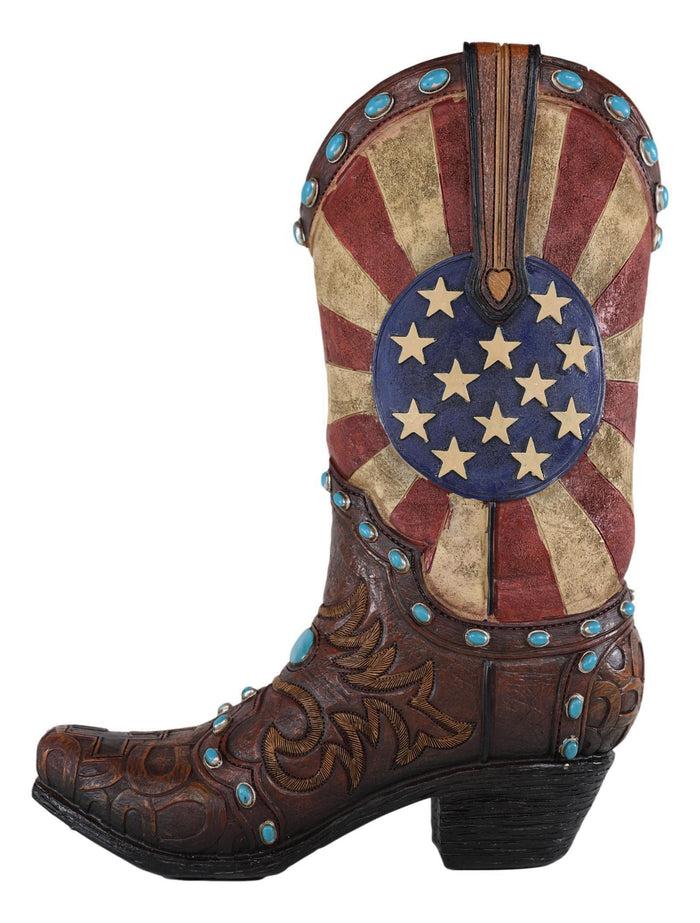 Ebros Gift Rustic Western American Flag Turquoise Gems Tooled Scroll Cowboy Boot Vase Decor