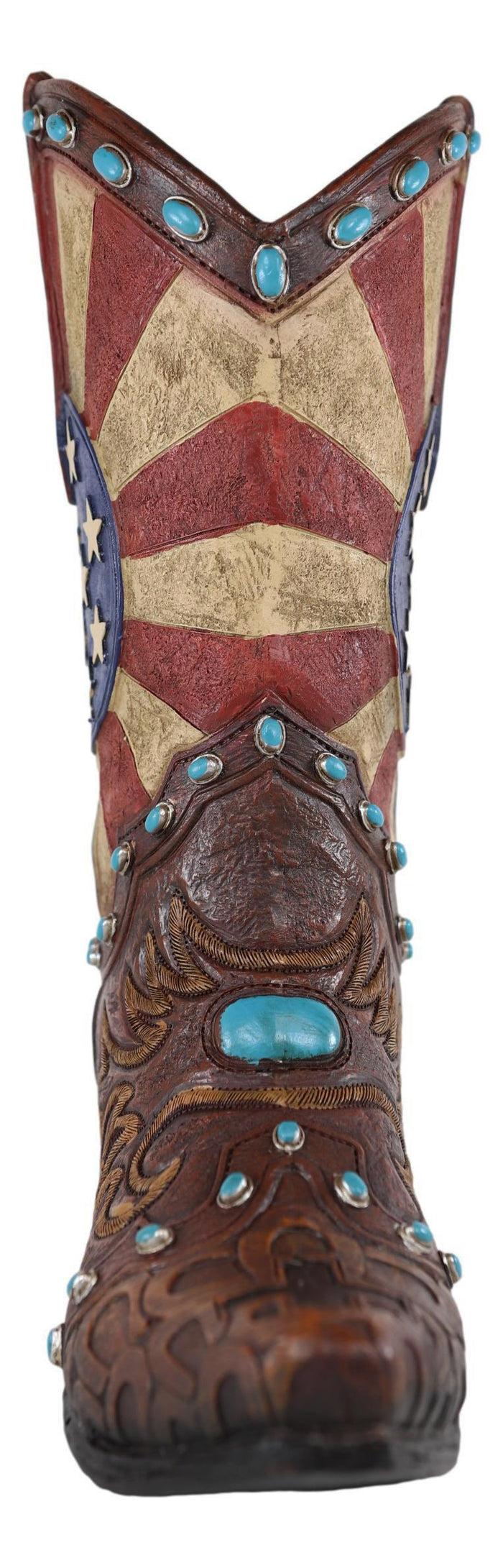 Ebros Gift Rustic Western American Flag Turquoise Gems Tooled Scroll Cowboy Boot Vase Decor