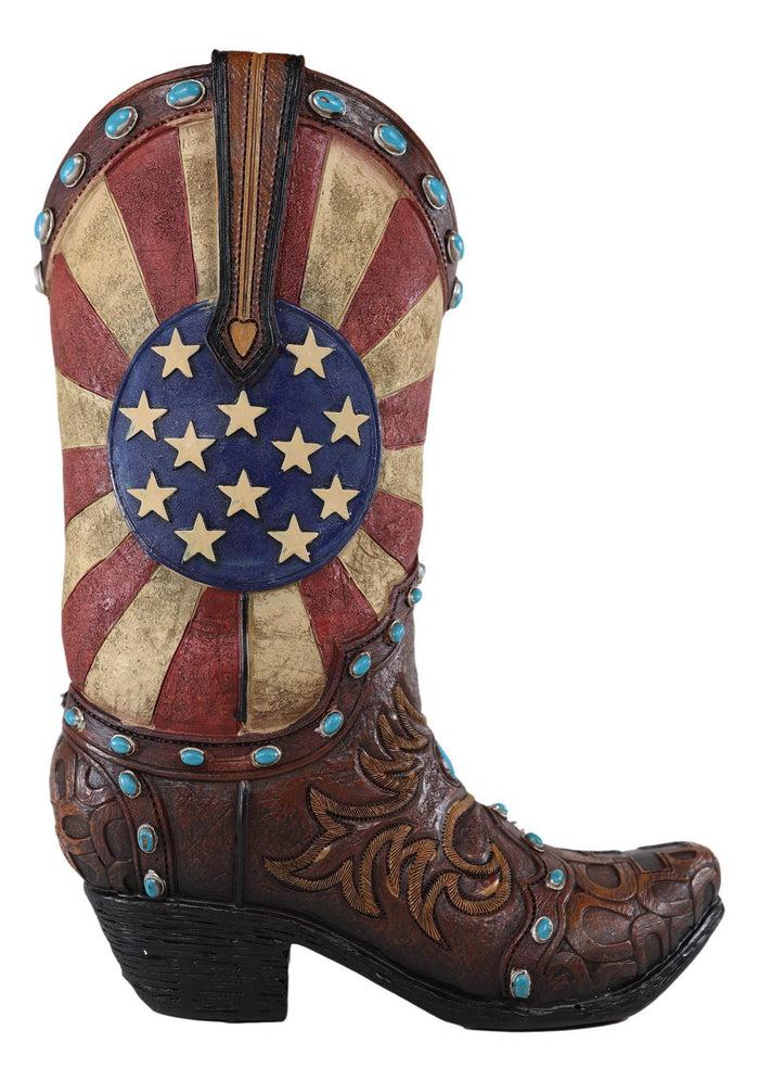Ebros Gift Rustic Western American Flag Turquoise Gems Tooled Scroll Cowboy Boot Vase Decor