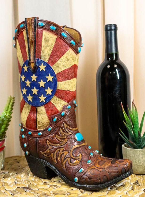 ebros gift Rustic Western American Flag Turquoise Gems Tooled Scroll Cowboy Boot Vase Decor