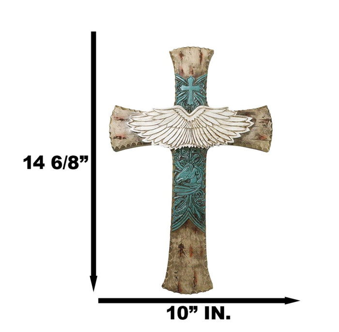 Ebros Gift Rustic Western Angel Wings Turquoise Horse And Floral Tooled Leather Wall Cross