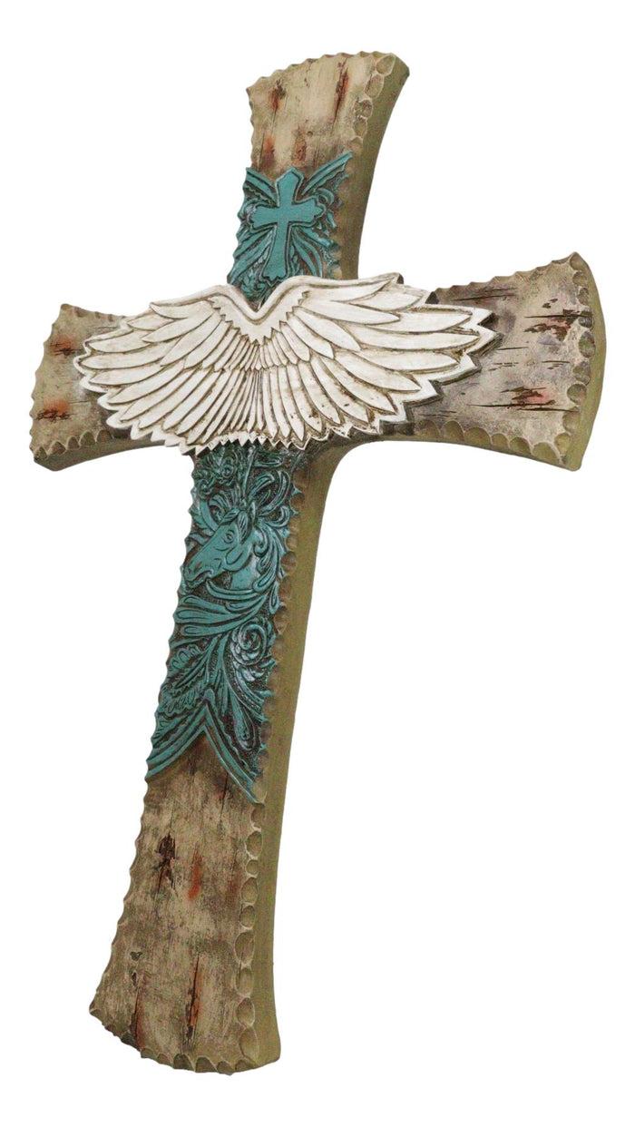 Ebros Gift Rustic Western Angel Wings Turquoise Horse And Floral Tooled Leather Wall Cross