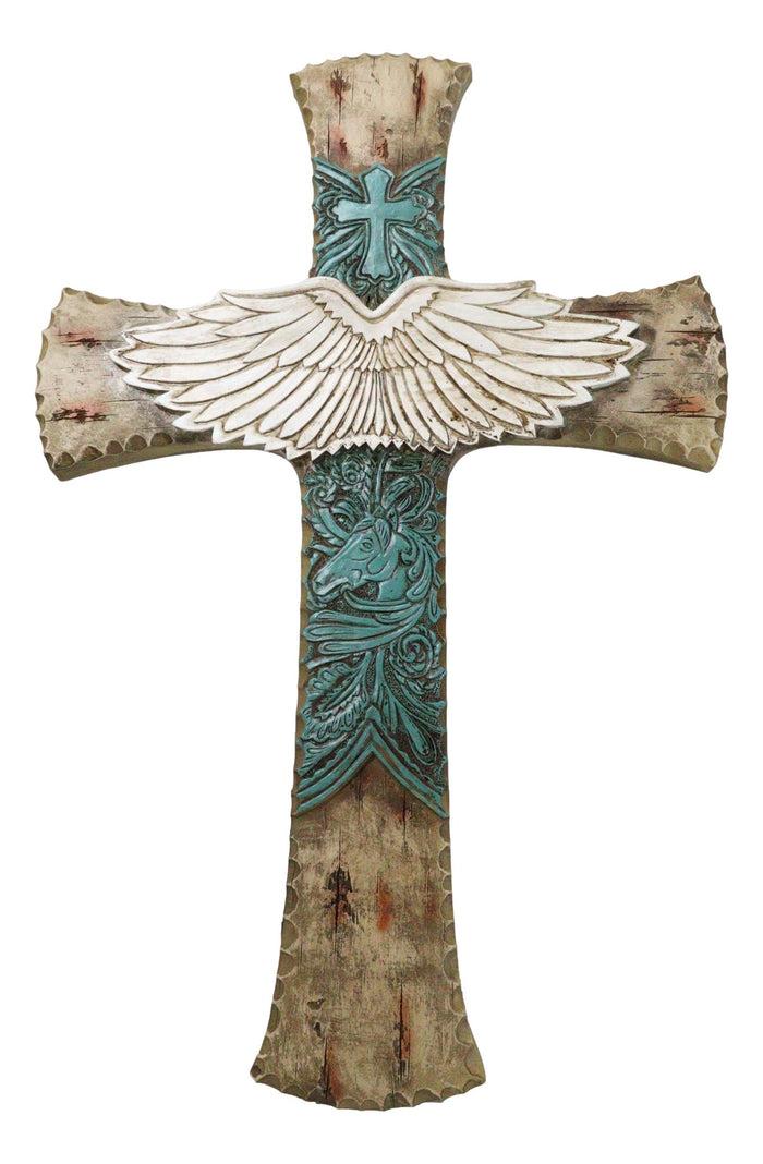 ebros gift Rustic Western Angel Wings Turquoise Horse And Floral Tooled Leather Wall Cross