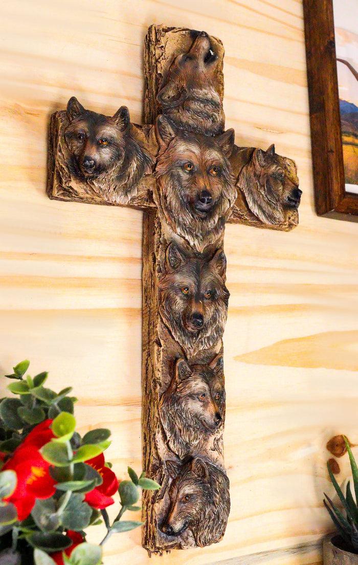 ebros gift Rustic Western Animal Totem Spirit Wolves Howling Gray Wolf Wall Cross Decor