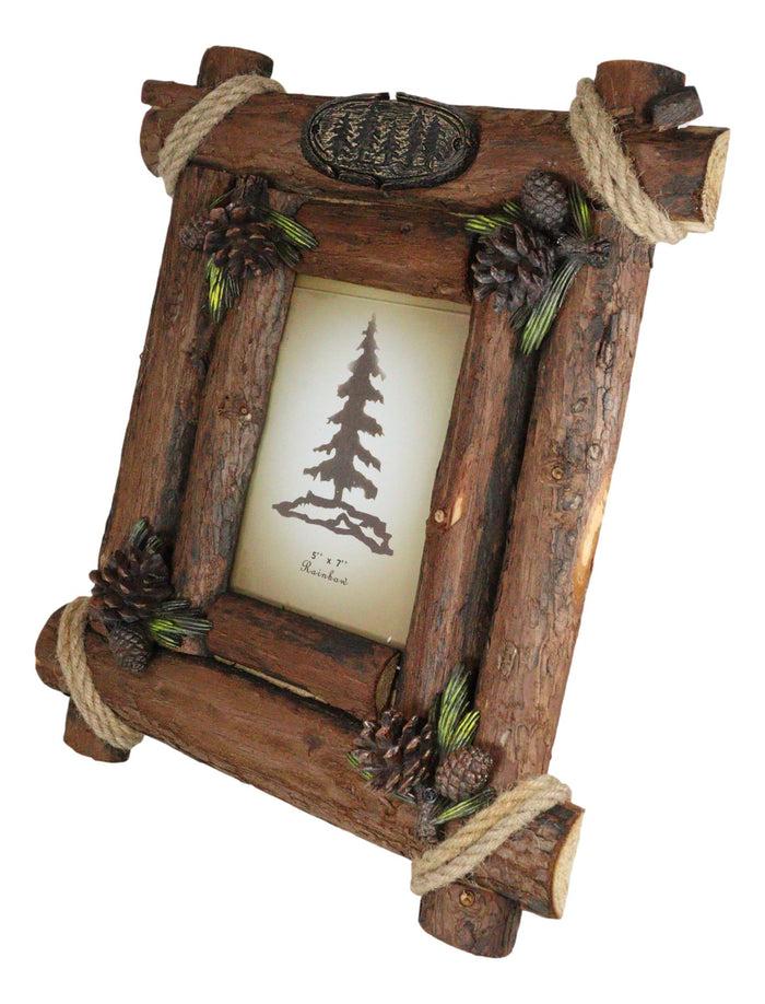 Ebros Gift Rustic Western Autumn Fall Festive Pinecones With Wooden Log Picture Frame 5"X7"