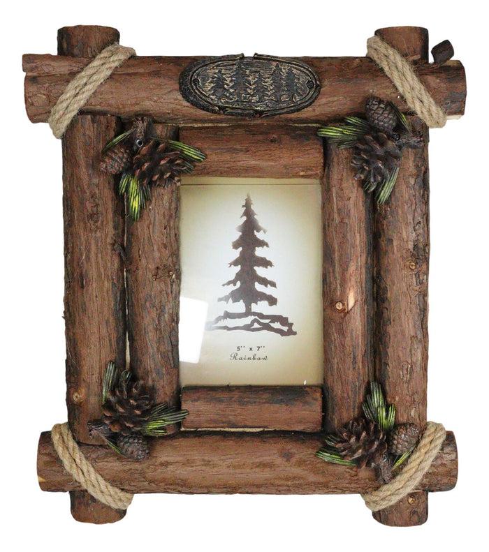 Ebros Gift Rustic Western Autumn Fall Festive Pinecones With Wooden Log Picture Frame 5"X7"