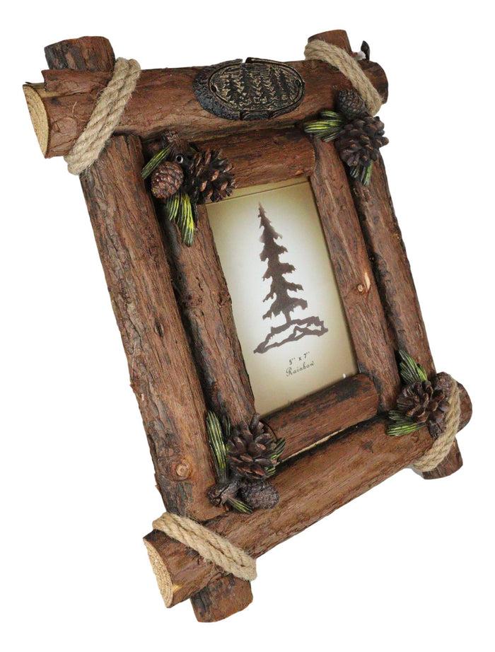 Ebros Gift Rustic Western Autumn Fall Festive Pinecones With Wooden Log Picture Frame 5"X7"