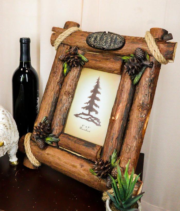 ebros gift Rustic Western Autumn Fall Festive Pinecones With Wooden Log Picture Frame 5"X7"