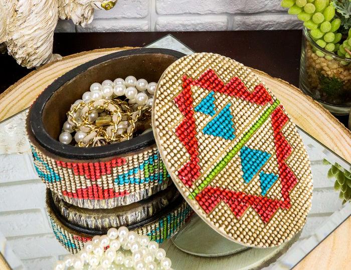 ebros gift Rustic Western Aztec Tribal Pattern Faux Wood Jewelry Trinket Decorative Box