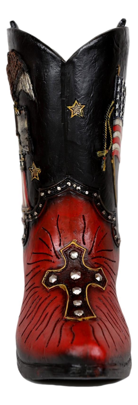 Ebros Gift Rustic Western Bald Eagle Clutching Liberty Bell Cowboy Boot Vase 7"H Figurine