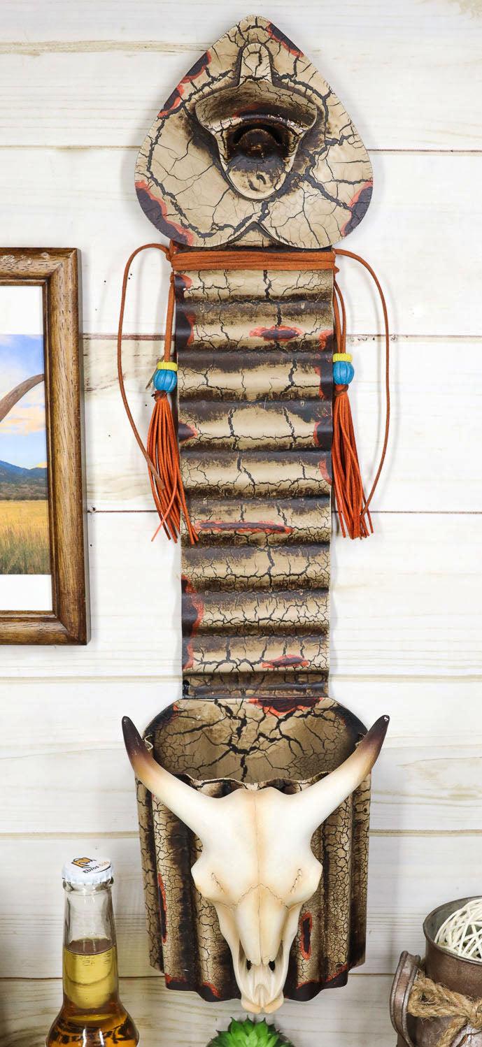 ebros gift Rustic Western Beaded Bull Cow Skull Bottle Cap Opener With Bucket Catch 21"H
