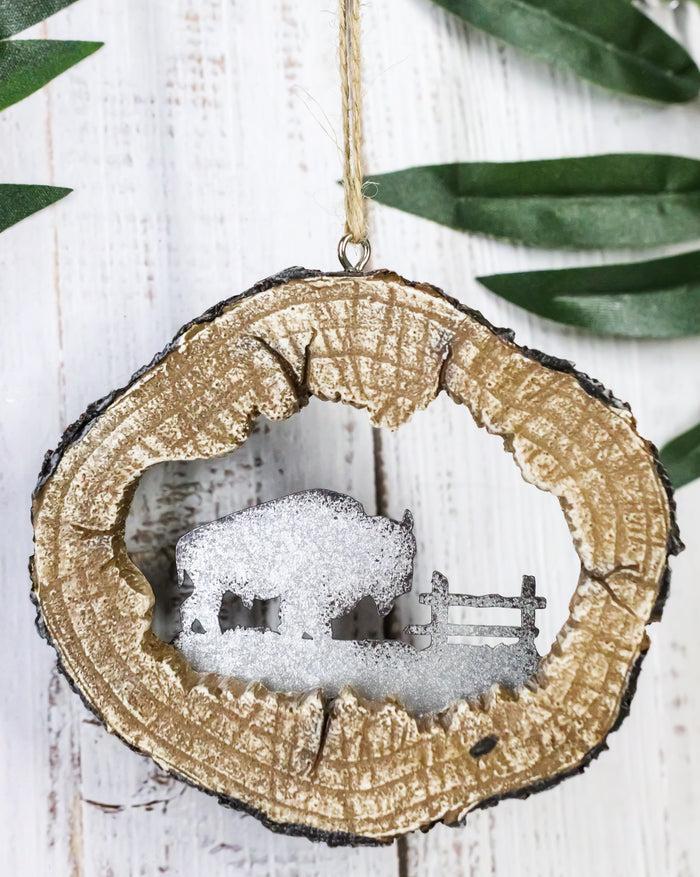 ebros gift Rustic Western Bison Buffalo Faux Wood Log Set of 4 Christmas Tree Ornaments