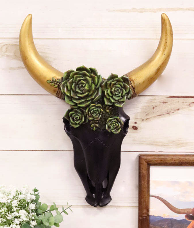 ebros gift Rustic Western Bison Bull Cow Skull With Green Floral Roses Wall Decor Plaque