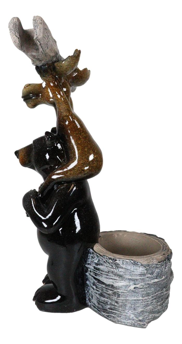 Ebros Gift Rustic Western Black Bear And Moose With Log Wine Glasses And Bottle Holder