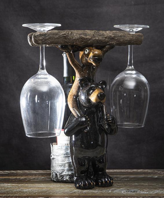 ebros gift Rustic Western Black Bear And Moose With Log Wine Glasses And Bottle Holder