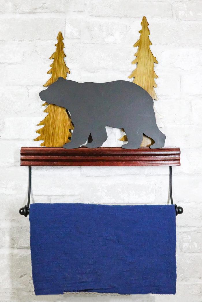 Ebros Gift Rustic Western Black Bear By Pine Tree Forest Wooden Wall Hand Towel Holder Bar