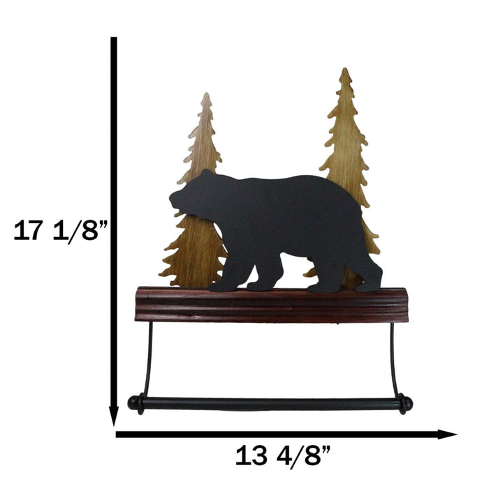 Ebros Gift Rustic Western Black Bear By Pine Tree Forest Wooden Wall Hand Towel Holder Bar