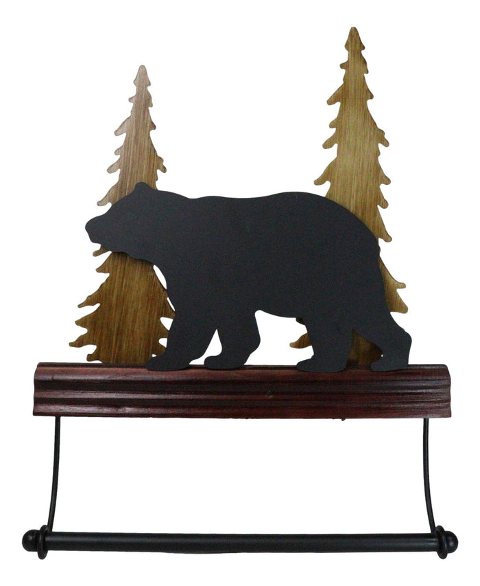 ebros gift Rustic Western Black Bear by Pine Tree Forest Wooden Wall Hand Towel Holder Bar