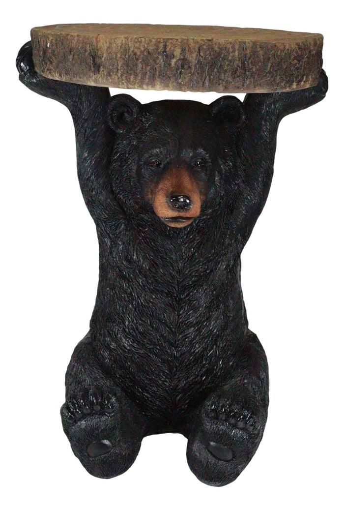 Ebros Gift Rustic Western Black Bear Cub Holding Faux Wood Slice Table Stand Figurine