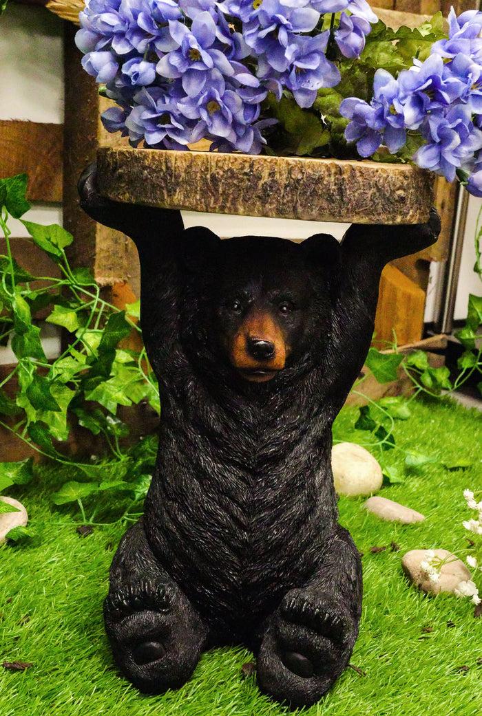 ebros gift Rustic Western Black Bear Cub Holding Faux Wood Slice Table Stand Figurine