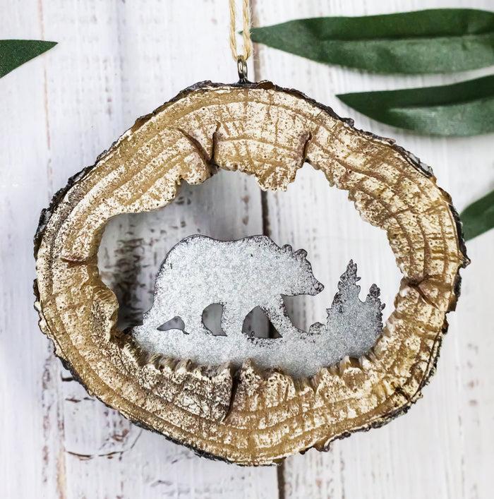 ebros gift Rustic Western Black Bear Faux Wood Log Slice Set of 4 Christmas Tree Ornaments