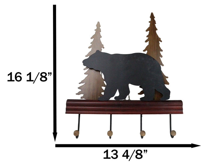 Ebros Gift Rustic Western Black Bear Roaming Pine Forest 4 Pegs Wooden Wall Hooks Plaque