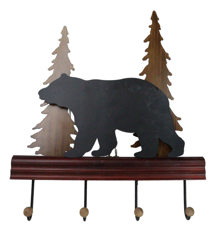 ebros gift Rustic Western Black Bear Roaming Pine Forest 4 Pegs Wooden Wall Hooks Plaque