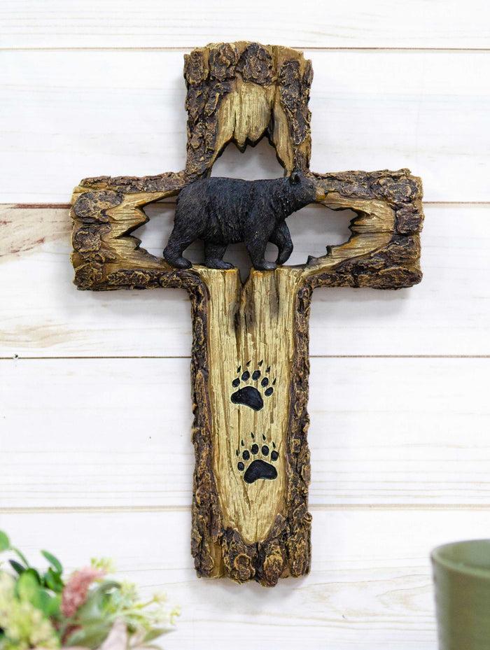 Ebros Gift Rustic Western Black Bear With Paw Prints Faux Wood Wall Cross Decor Plaque