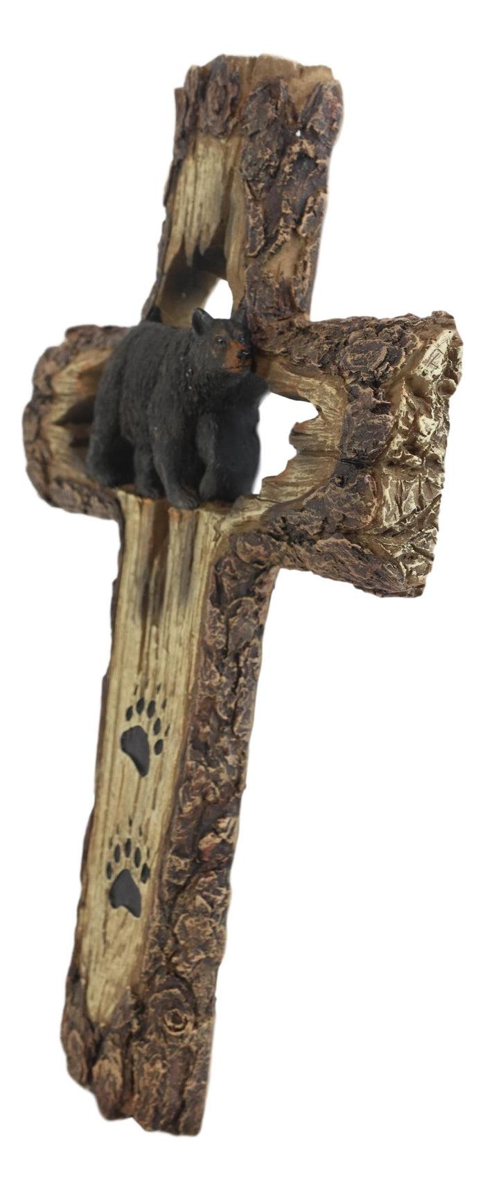 Ebros Gift Rustic Western Black Bear With Paw Prints Faux Wood Wall Cross Decor Plaque