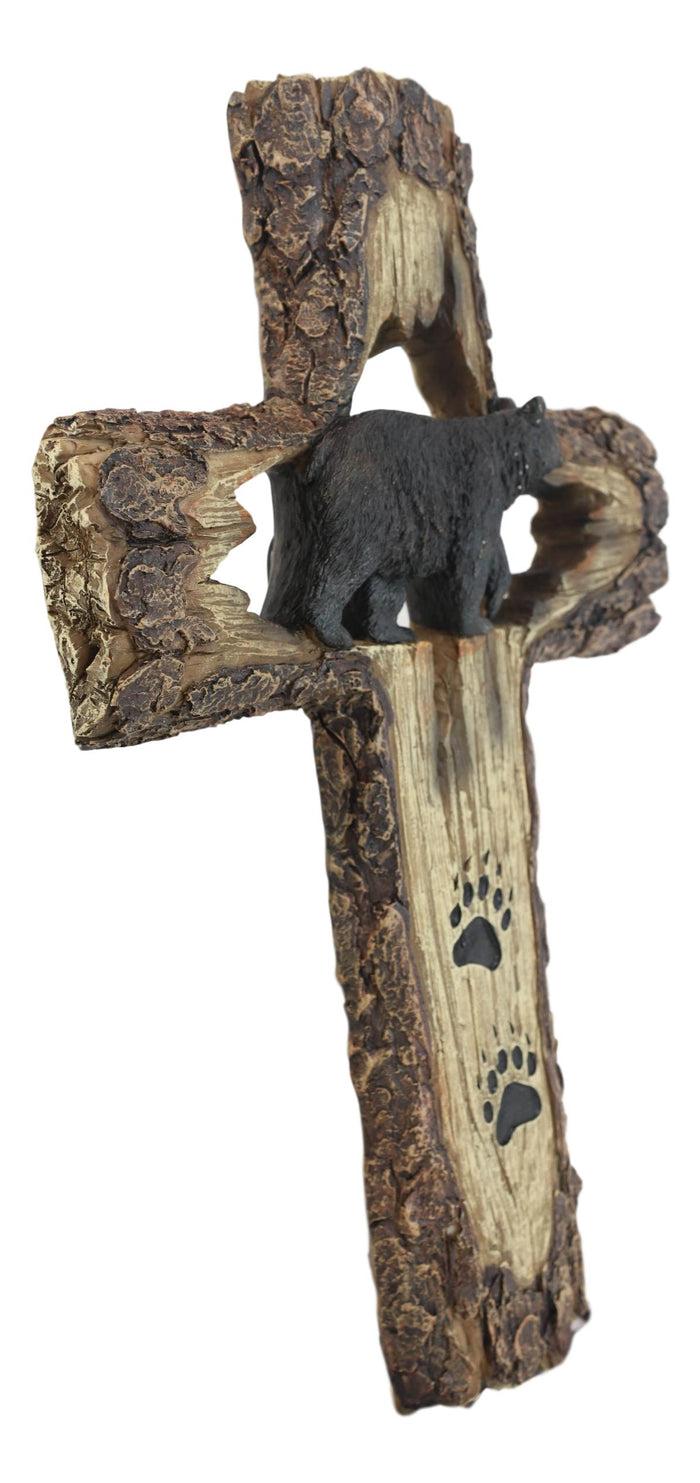 Ebros Gift Rustic Western Black Bear With Paw Prints Faux Wood Wall Cross Decor Plaque