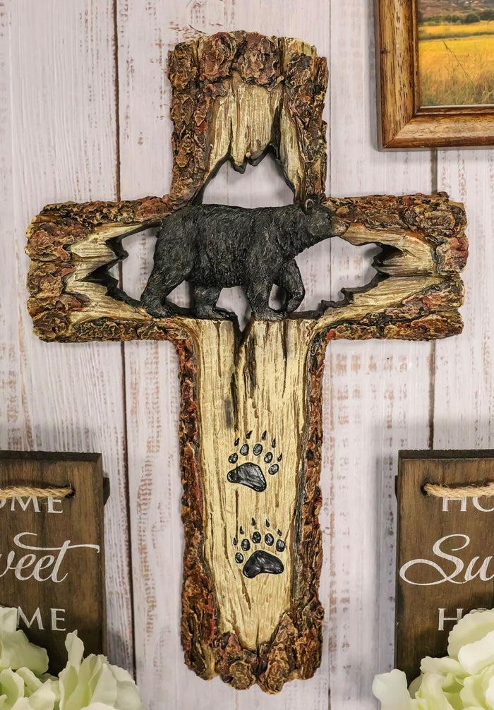 ebros gift Rustic Western Black Bear With Paw Prints Faux Wood Wall Cross Decor Plaque