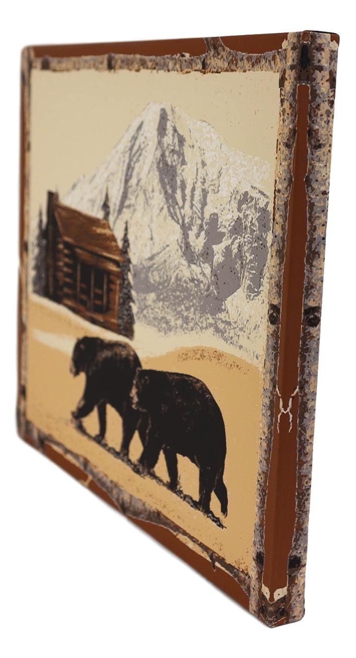 Ebros Gift Rustic Western Black Bears By Mountain Cabin Wood Frame Canvas Wall Art 19"X15"