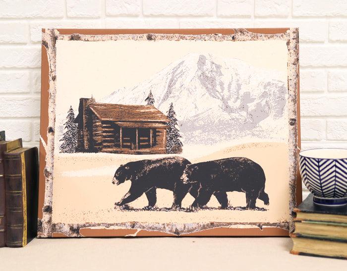 ebros gift Rustic Western Black Bears By Mountain Cabin Wood Frame Canvas Wall Art 19"X15"