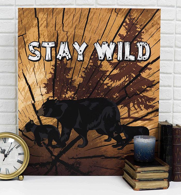 ebros gift Rustic Western Black Bears 'Stay Wild' Wood Frame Canvas Wall Art 19"X23"