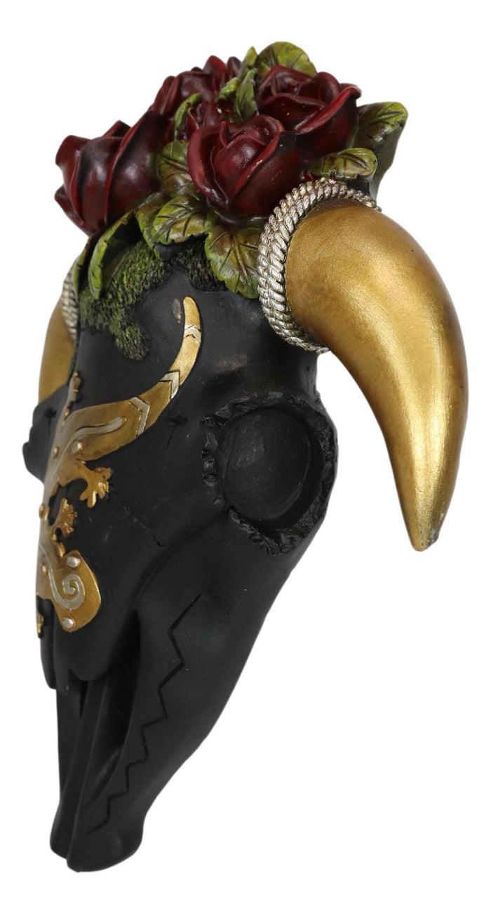 Ebros Gift Rustic Western Black Cow Skull With Gecko Lizard And Red Roses Wall Decor Plaque