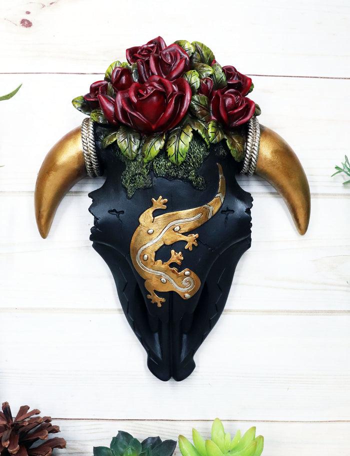ebros gift Rustic Western Black Cow Skull With Gecko Lizard And Red Roses Wall Decor Plaque
