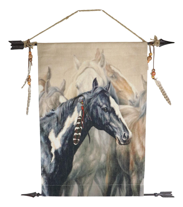Ebros Gift Rustic Western Black Medicine Horse W/ Feather & Arrows Wall Canvas Tapestry Art