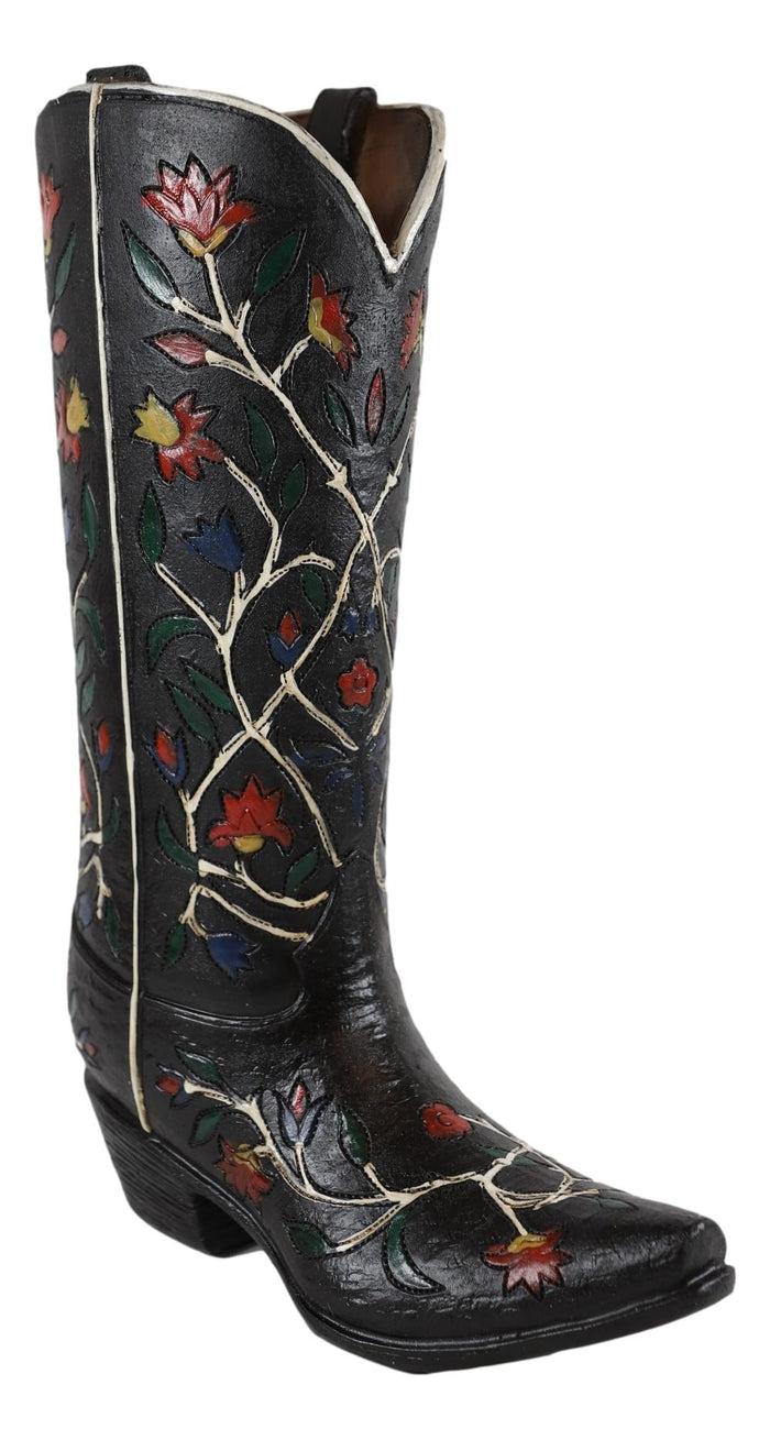 Ebros Gift Rustic Western Black Tooled Leather Cowboy Boot With Rose Vines Vase Figurine