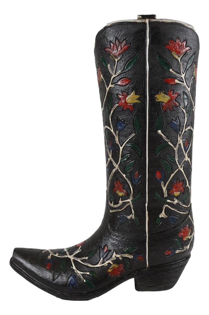 Ebros Gift Rustic Western Black Tooled Leather Cowboy Boot With Rose Vines Vase Figurine