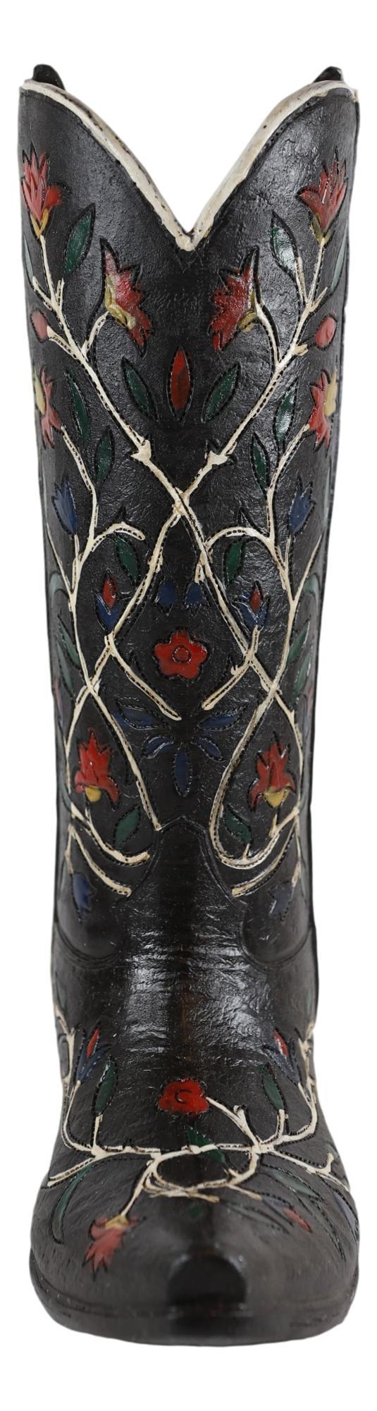 Ebros Gift Rustic Western Black Tooled Leather Cowboy Boot With Rose Vines Vase Figurine