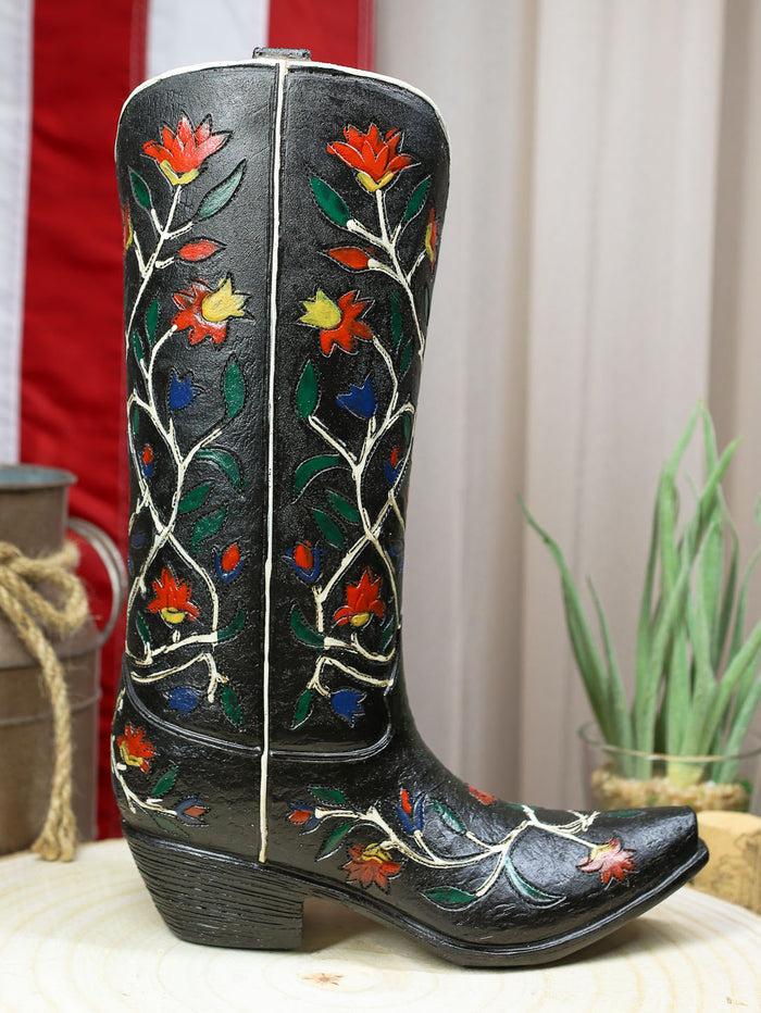 ebros gift Rustic Western Black Tooled Leather Cowboy Boot With Rose Vines Vase Figurine