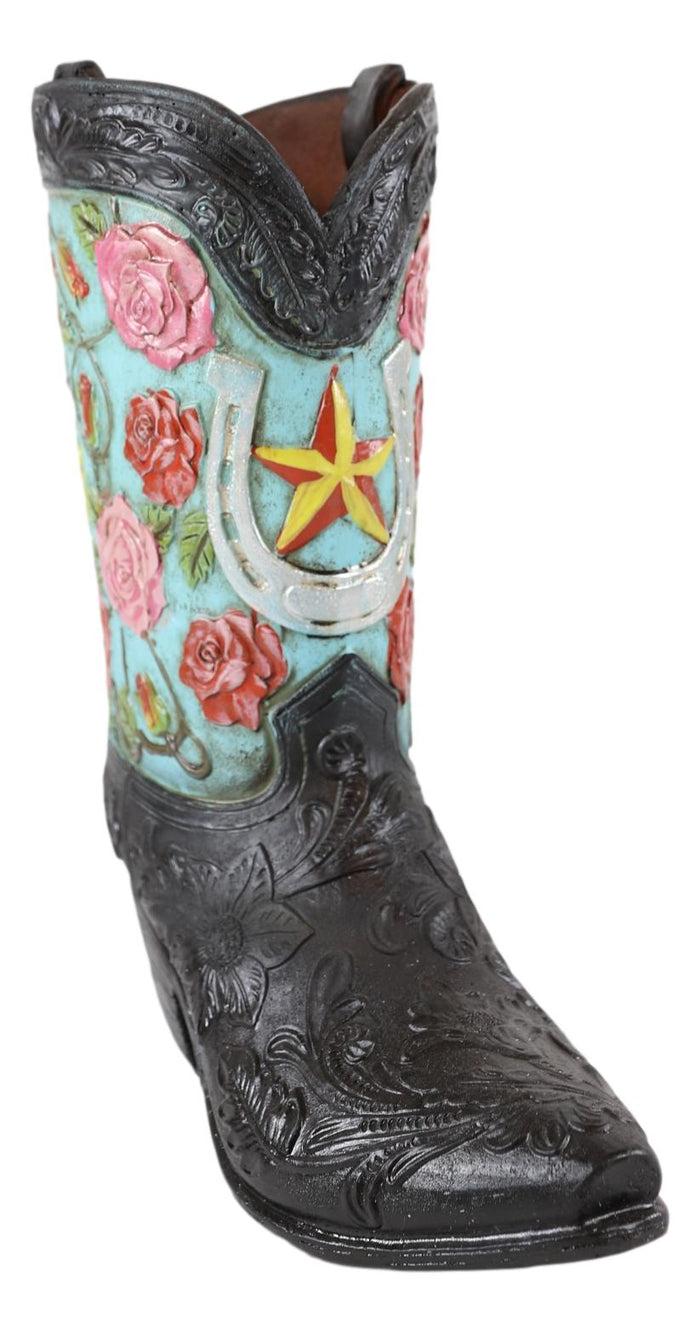 Ebros Gift Rustic Western Black Turquoise Cowboy Boot With Colorful Roses Vase Figurine