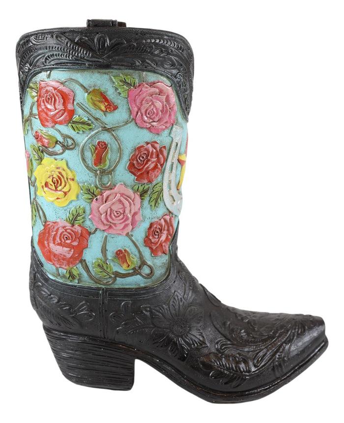 Ebros Gift Rustic Western Black Turquoise Cowboy Boot With Colorful Roses Vase Figurine