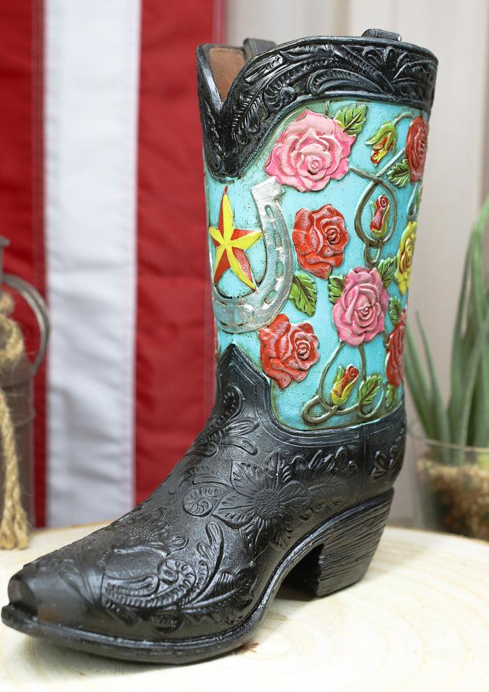 ebros gift Rustic Western Black Turquoise Cowboy Boot With Colorful Roses Vase Figurine