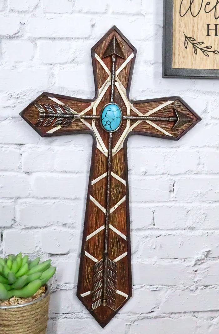 ebros gift Rustic Western Boho Native Indian Arrows Turquoise Rock Faux Wooden Wall Cross