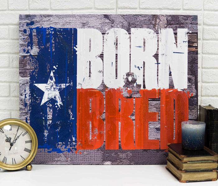 ebros gift Rustic Western Born And Bred Texas Flag Wood Frame Canvas Wall Art 19" X 23"