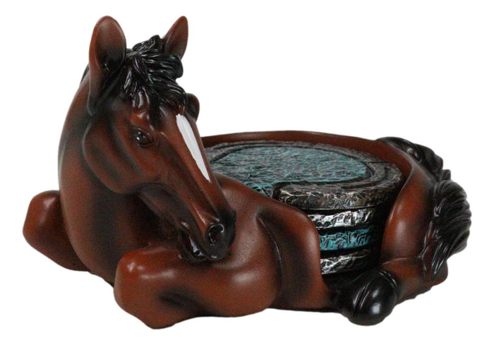 Ebros Gift Rustic Western Brown Chestnut Horse Coaster Holder With Horseshoe Coasters Set