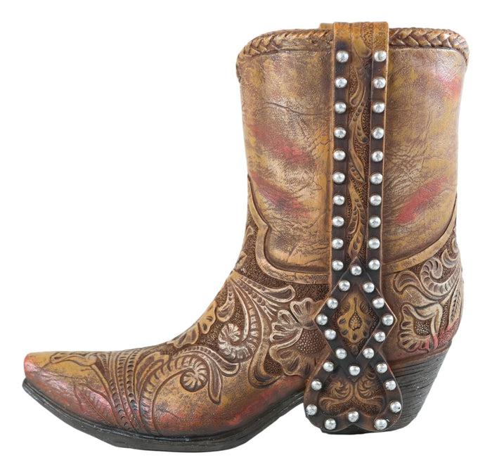 Ebros Gift Rustic Western Brown Nailheads Floral Paisley Scroll Cowboy Boot Vase Figurine