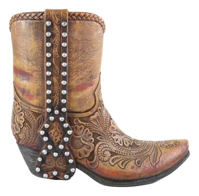 Ebros Gift Rustic Western Brown Nailheads Floral Paisley Scroll Cowboy Boot Vase Figurine